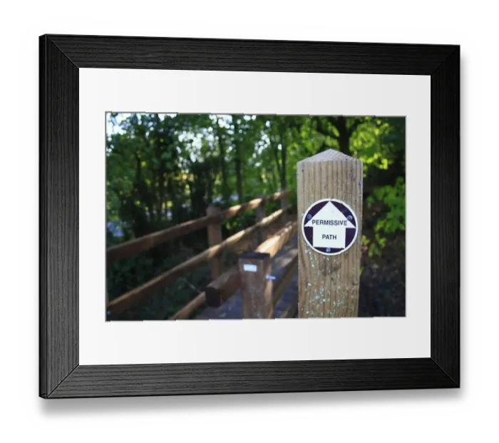 Framed Print : Permissive Path sign beside footbridge at entrance to new Millenium woodland, Vicarage Plantation, Mendlesham, Suffolk