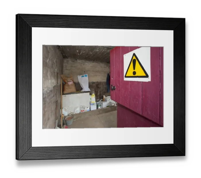 Framed Print : Interior of chemical store on farm, Cheshire, England, august