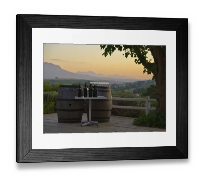 Framed Print : Wine casks and bottles on wine estate at sunset, Devon Valley, Stellenbosch, Western Cape, South Africa Framed Print : Wine casks and bottles on wine estate at sunset, Devon Valley, Stellenbosch, Western Cape, South Africa