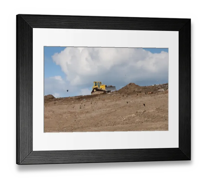 Framed Print : Caterpillar D6N compaction machine working on council rubbish tip, with scavenging crows, near Ellesmere, Cheshire