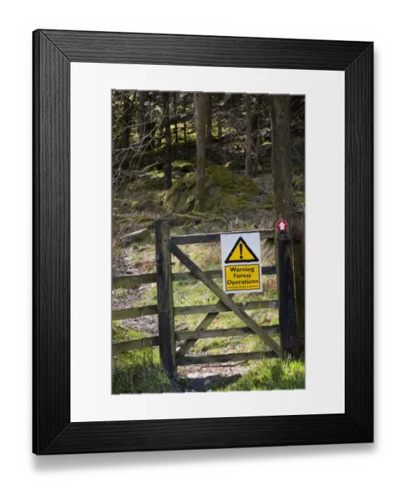 Framed Print : Warning, Forest Operations sign on footpath gate, England, april Framed Print : Warning, Forest Operations sign on footpath gate, England, april