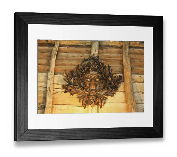 Framed Print : Green Man carved wooden face in barn, Museum of East Anglian Life, Stowmarket, Suffolk, England, october Framed Print : Green Man carved wooden face in barn, Museum of East Anglian Life, Stowmarket, Suffolk, England, october