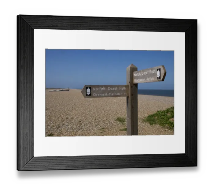 Framed Print : Norfolk Coast Path direction sign on shingle beach, Cley Beach, Cley-next-the-sea, Norfolk, England, april Framed Print : Norfolk Coast Path direction sign on shingle beach, Cley Beach, Cley-next-the-sea, Norfolk, England, april