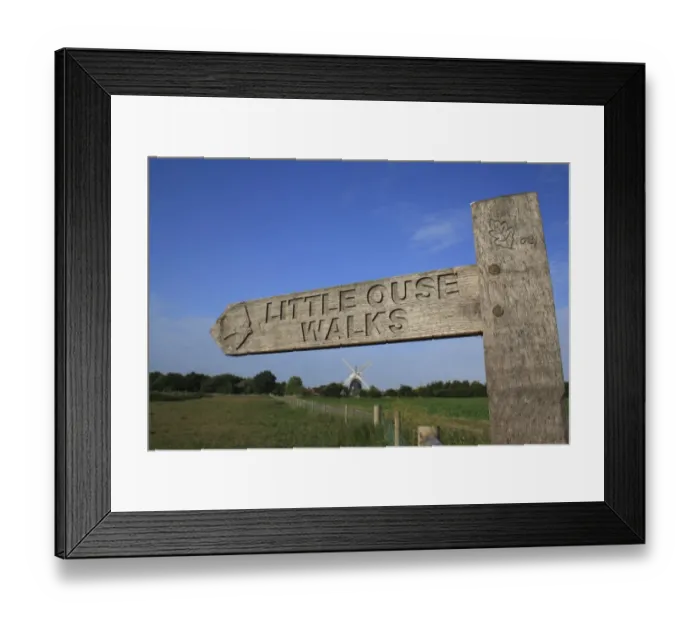 Framed Print : Little Ouse Walks wooden direction sign, beside fen meadow with windmill in background, Little Ouse Headwaters Project Framed Print : Little Ouse Walks wooden direction sign, beside fen meadow with windmill in background, Little Ouse Headwaters Project