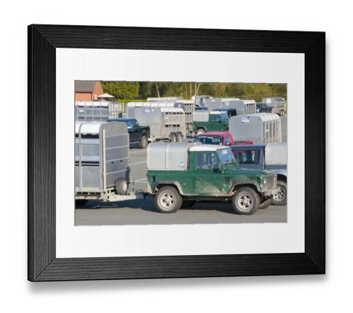 Framed Print : Land Rover and various other 4x4 vehicles and livestock trailers at livestock market, Welshpool Livestock Market Framed Print : Land Rover and various other 4x4 vehicles and livestock trailers at livestock market, Welshpool Livestock Market