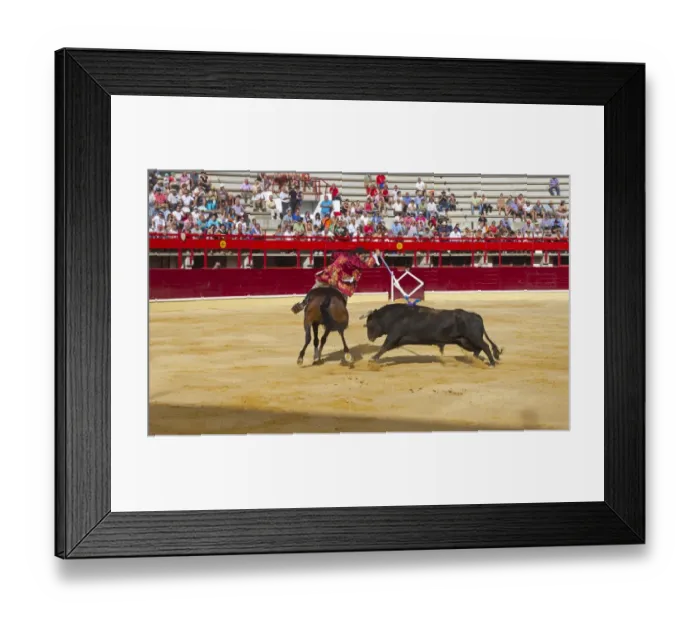 Framed Print : Bullfighting, Rejoneador with rejon de muerte, fighting bull from horseback in bullring, Corrida de rejones Framed Print : Bullfighting, Rejoneador with rejon de muerte, fighting bull from horseback in bullring, Corrida de rejones