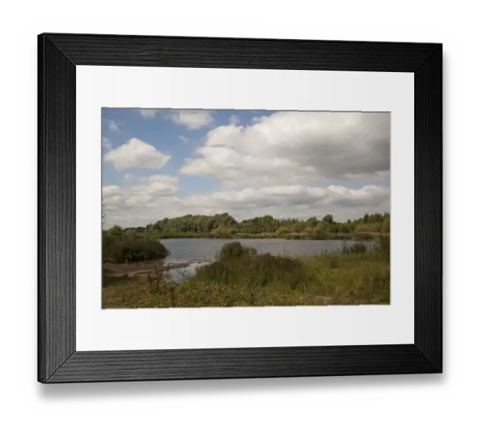 Framed Print : View of flooded former sand and gravel quarry habitat, Willington Gravel Pits, Derbyshire Wildlife Trust Reserve