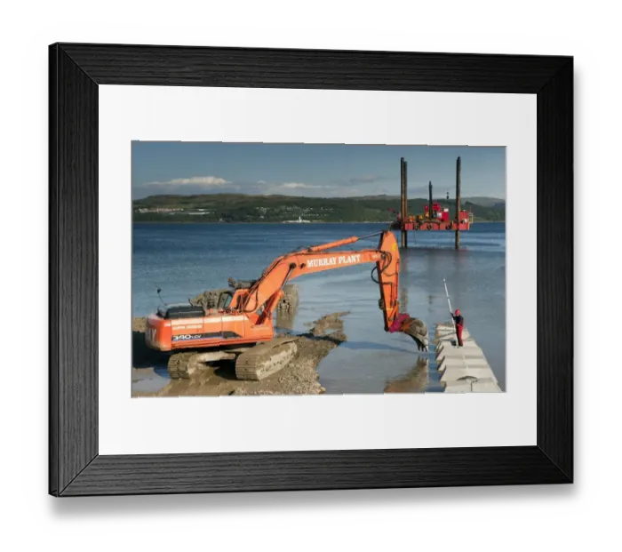 Framed Print : Excavator building sea defences, Dunoon, Firth of Clyde, Argyll and Bute, Scotland, august