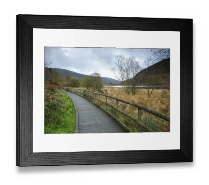 Framed Print : Boardwalk at edge of lake, Lower Lake, Wicklow Way Walking Route, Glendalough Valley, Wicklow Mountains N. P Framed Print : Boardwalk at edge of lake, Lower Lake, Wicklow Way Walking Route, Glendalough Valley, Wicklow Mountains N. P