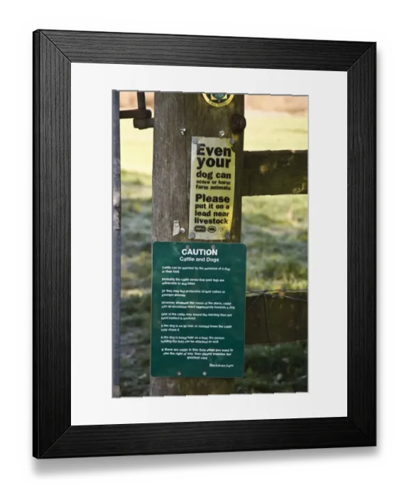 Framed Print : Even your dog can scare or harm farm animals, please put it on a lead near livestock sign and Caution Framed Print : Even your dog can scare or harm farm animals, please put it on a lead near livestock sign and Caution