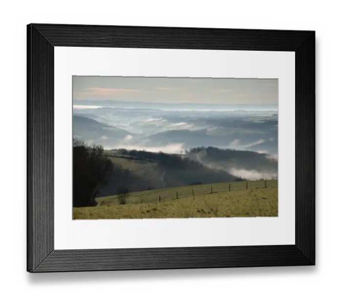 Framed Print : View of mist shrouded valley, Tarn, Midi-Pyrenees, France, january Framed Print : View of mist shrouded valley, Tarn, Midi-Pyrenees, France, january