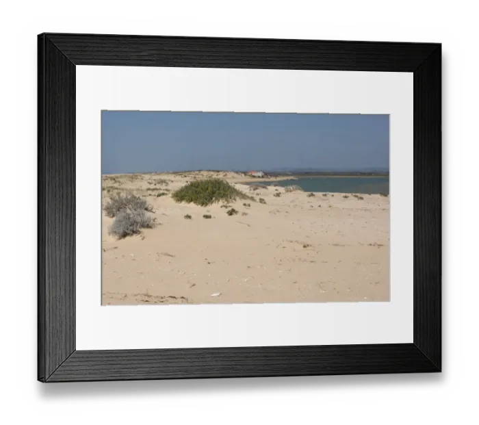 Framed Print : View from coastal sandspit over estuary with fishing village, Ria Formosa N. P. Algarve, Portugal, april Framed Print : View from coastal sandspit over estuary with fishing village, Ria Formosa N. P. Algarve, Portugal, april