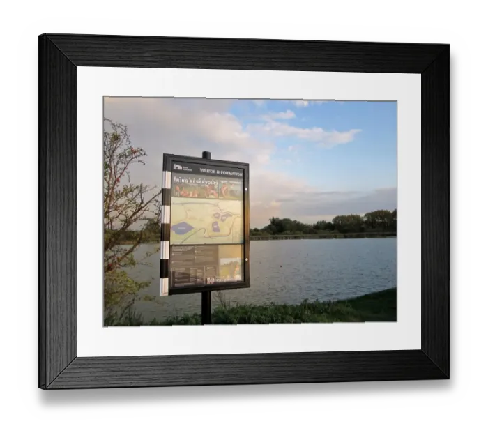Framed Print : Visitor Information sign at edge of reservoir, Marsworth Reservoir, Tring Reservoirs, Tring, Hertfordshire, England Framed Print : Visitor Information sign at edge of reservoir, Marsworth Reservoir, Tring Reservoirs, Tring, Hertfordshire, England