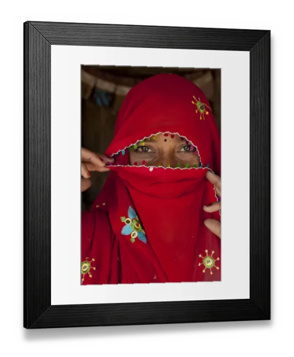 Framed Print : Bishnoi woman wearing veil, close-up of head, Thar Desert, Rajasthan, India