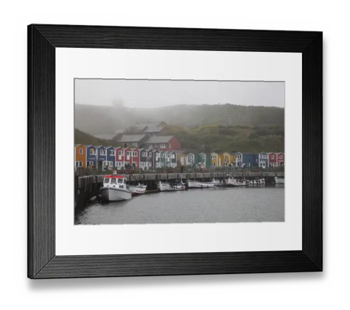 Framed Print : Coastal houses and boats in fog, Heligoland, Schleswig-Holstein, Germany, may Framed Print : Coastal houses and boats in fog, Heligoland, Schleswig-Holstein, Germany, may