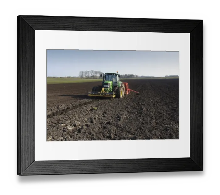 Framed Print : Tractor with seed drill, drilling Westminster spring barley, Pilling, Lancashire, England, march Framed Print : Tractor with seed drill, drilling Westminster spring barley, Pilling, Lancashire, England, march
