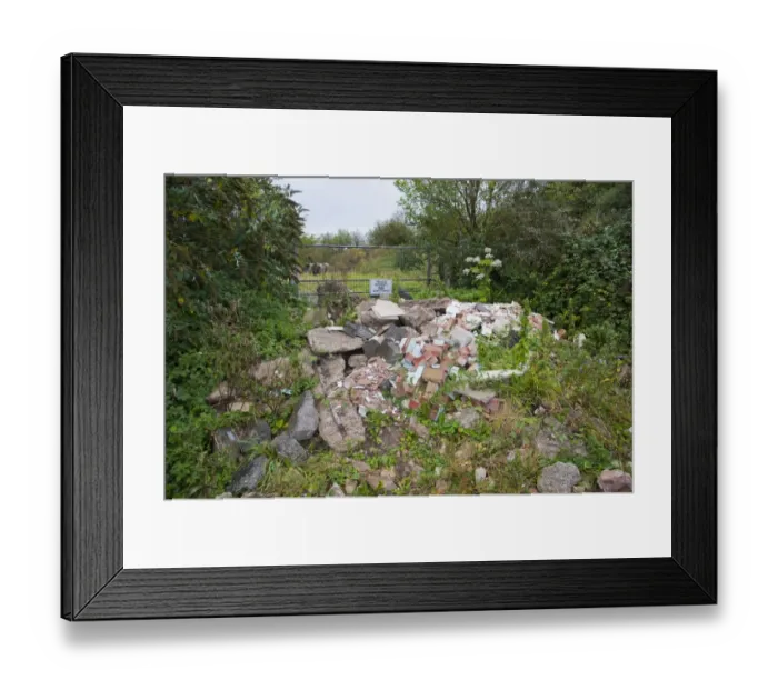 Framed Print : Illegal flytipping of building rubble in front of farm gateway with Private Property, No Admittance sign Framed Print : Illegal flytipping of building rubble in front of farm gateway with Private Property, No Admittance sign