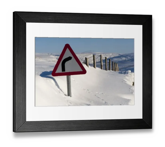 Framed Print : Road sign in snowdrift at roadside, Upper Swaledale, North Yorkshire, England, december Framed Print : Road sign in snowdrift at roadside, Upper Swaledale, North Yorkshire, England, december