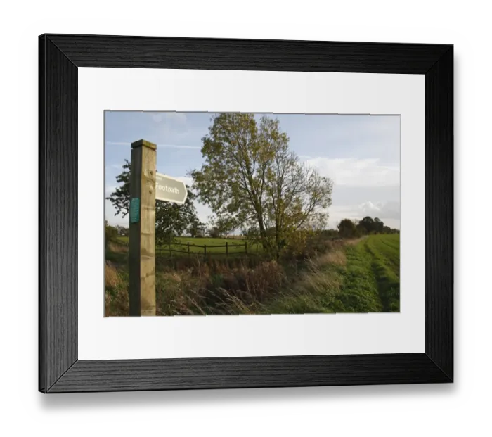 Framed Print : Footpath direction sign, footpath beside paddock and arable field, Bacton, Suffolk, England, october Framed Print : Footpath direction sign, footpath beside paddock and arable field, Bacton, Suffolk, England, october