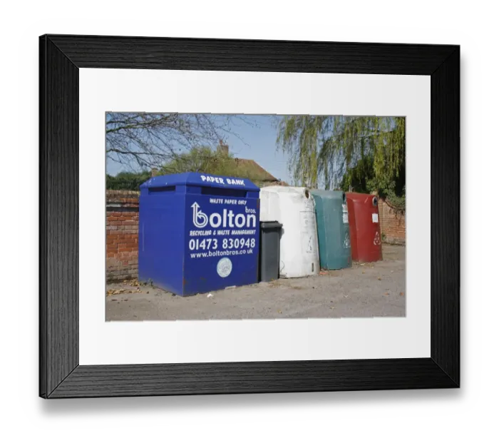 Framed Print : Recycling banks for paper and glass, in carpark of village hall, Barking Tye, Suffolk, England, april Framed Print : Recycling banks for paper and glass, in carpark of village hall, Barking Tye, Suffolk, England, april