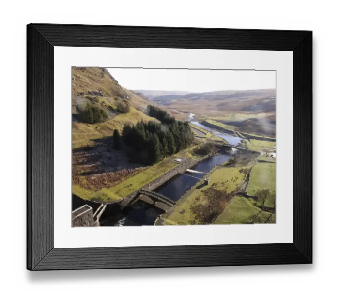 Framed Print : View of river and bridges from dam, Claerwen Dam, Elan Valley, Powys, Wales, january