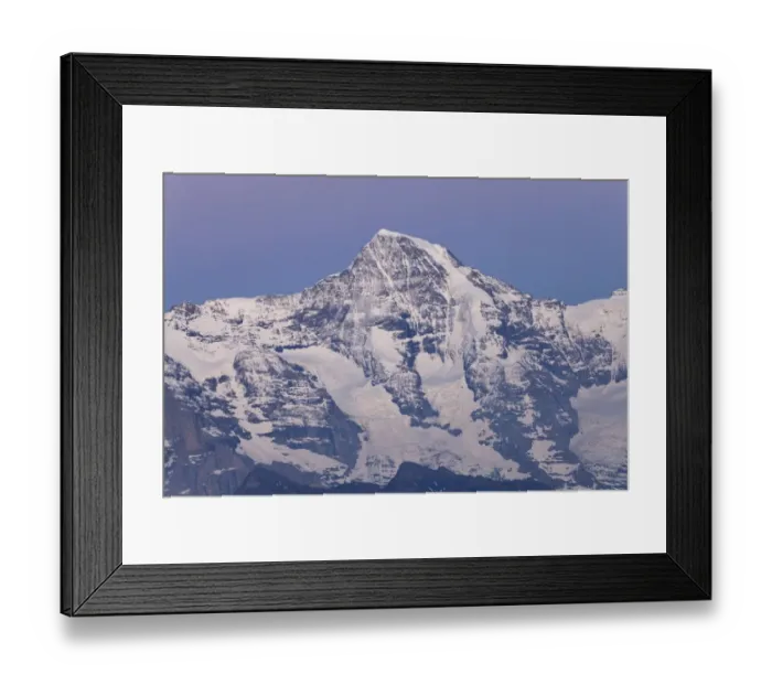 Framed Print : View of snow covered mountain summit at dusk, Moench, Swiss Alps, Bernese Oberland, Switzerland, may Framed Print : View of snow covered mountain summit at dusk, Moench, Swiss Alps, Bernese Oberland, Switzerland, may