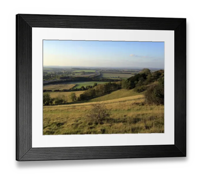 Framed Print : View of chalk grassland on hillside and distant M40 Motorway, Aston Rowant N. N. R Framed Print : View of chalk grassland on hillside and distant M40 Motorway, Aston Rowant N. N. R