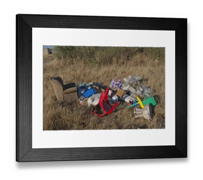 Framed Print : Flytipping of furniture and plastic rubbish in rural area, Northern Spain, july Framed Print : Flytipping of furniture and plastic rubbish in rural area, Northern Spain, july