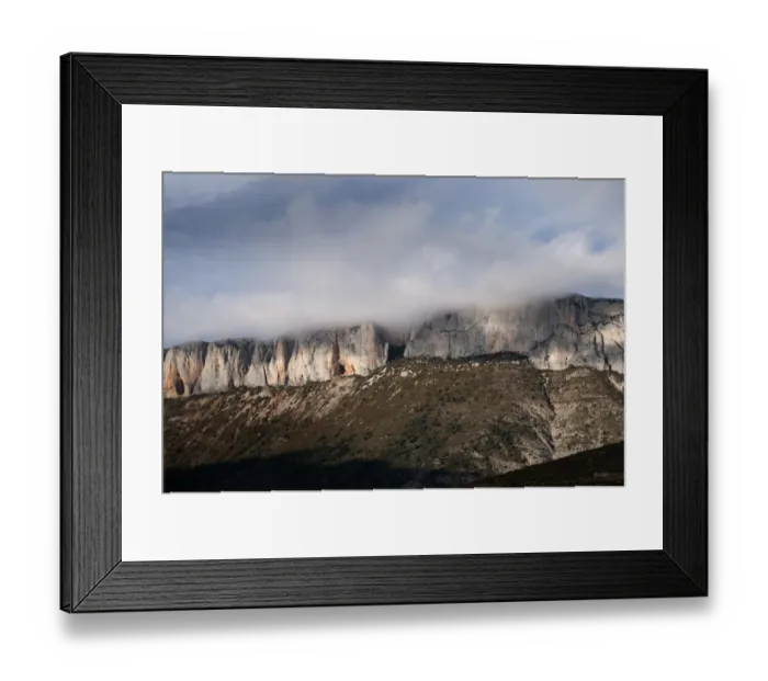 Framed Print : View of low cloud over mountain cliffs, near Trem, Pyrenees, Catalonia, Spain, november Framed Print : View of low cloud over mountain cliffs, near Trem, Pyrenees, Catalonia, Spain, november