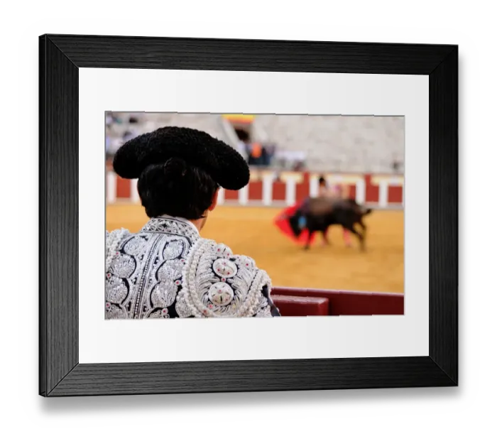 Framed Print : Bullfighting, Matador assisting final stage from border of bullring, Tercio de muerte stage of bullfight, Spain Framed Print : Bullfighting, Matador assisting final stage from border of bullring, Tercio de muerte stage of bullfight, Spain
