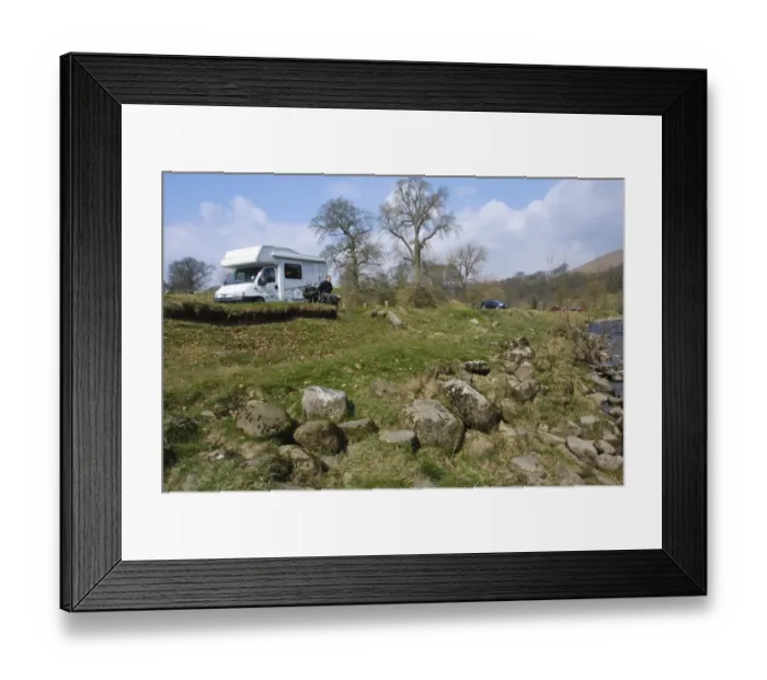 Framed Print : Motorhome and cars parked near riverbank, River Wharfe, Bolton Abbey, North Yorkshire, England, march Framed Print : Motorhome and cars parked near riverbank, River Wharfe, Bolton Abbey, North Yorkshire, England, march