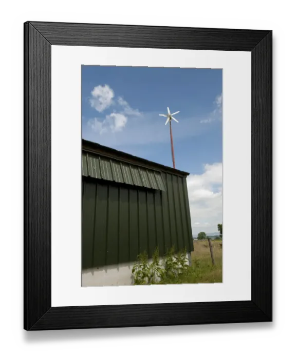 Framed Print : Wind turbine, powering free-range hen unit building, Cumbria, England, june Framed Print : Wind turbine, powering free-range hen unit building, Cumbria, England, june