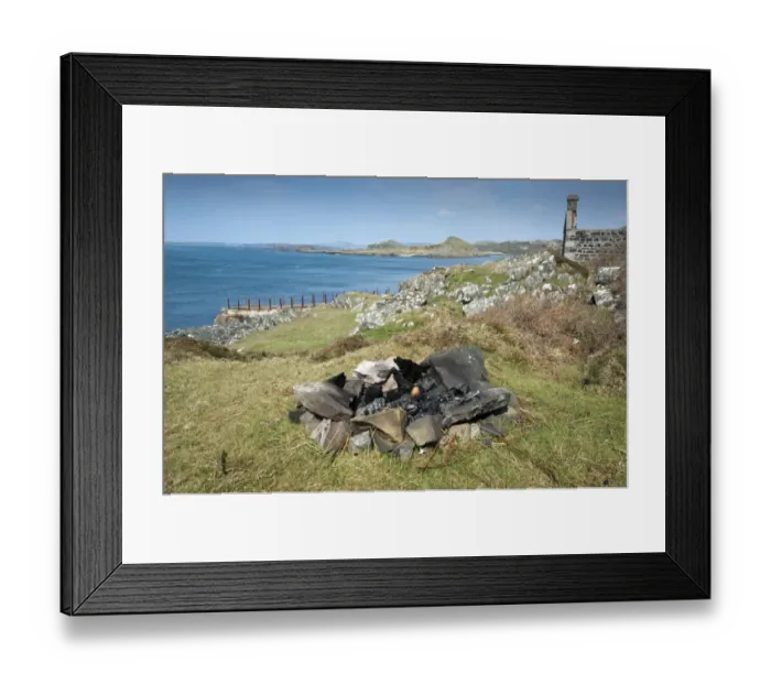 Framed Print : Remnants of fire left by campers near coast, Craignish, Argyll and Bute, Scotland, april Framed Print : Remnants of fire left by campers near coast, Craignish, Argyll and Bute, Scotland, april