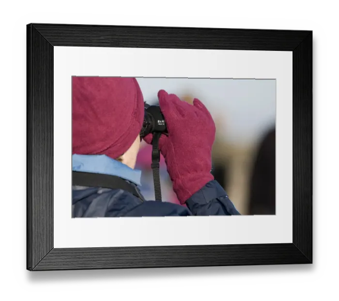 Framed Print : Birdwatchers with binoculars, Titchwell RSPB Reserve, Norfolk, England, december Framed Print : Birdwatchers with binoculars, Titchwell RSPB Reserve, Norfolk, England, december