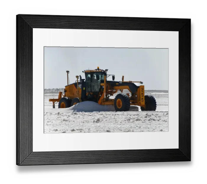 Framed Print : Commercial salt production, machinery scraping saltpans, Exportadora de Sal (ESSA) saltworks Framed Print : Commercial salt production, machinery scraping saltpans, Exportadora de Sal (ESSA) saltworks