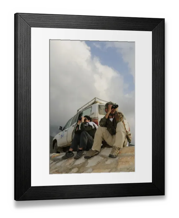 Framed Print : Ornithologists with binoculars, surveying birds along road, Socotra, Yemen, december Framed Print : Ornithologists with binoculars, surveying birds along road, Socotra, Yemen, december