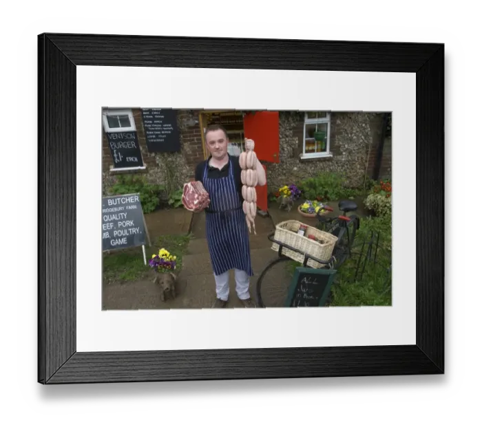 Framed Print : Traditional village butcher outside shop, Sandridgebury, Hertfordshire, England, april