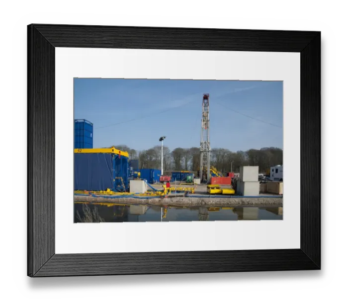 Framed Print : Cuadrilla shale gas drilling rig preparing for fracking, Weeton, Blackpool, Lancashire, England, march Framed Print : Cuadrilla shale gas drilling rig preparing for fracking, Weeton, Blackpool, Lancashire, England, march