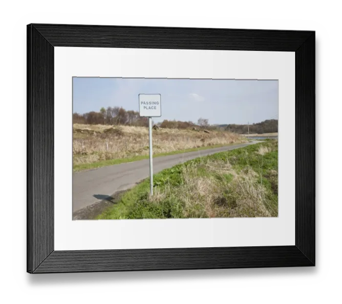 Framed Print : Passing Place sign on rural road, Ardfern, Argyll and Bute, Scotland, april Framed Print : Passing Place sign on rural road, Ardfern, Argyll and Bute, Scotland, april