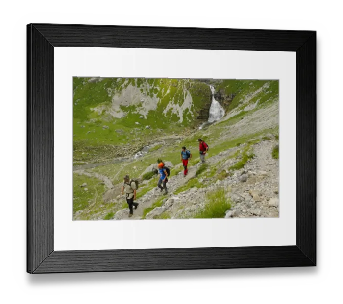 Framed Print : Hikers walking in mountain cirque near waterfall, Cola de Caballo Waterfall, Ordesa y Monte Perdido N. P Framed Print : Hikers walking in mountain cirque near waterfall, Cola de Caballo Waterfall, Ordesa y Monte Perdido N. P