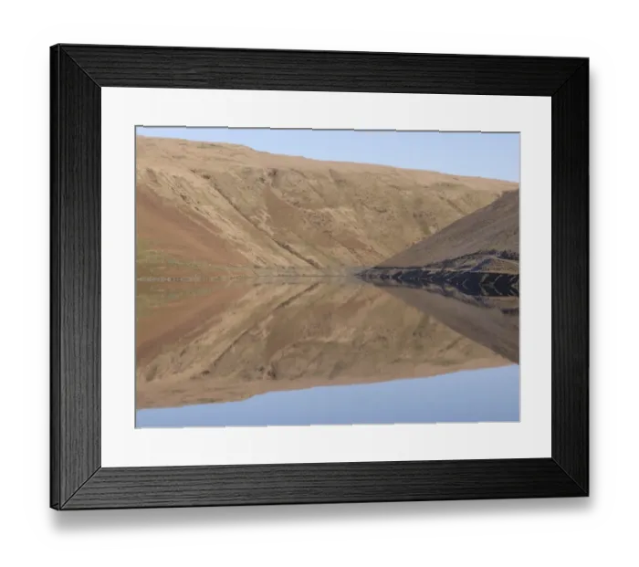 Framed Print : Banks of reservoir reflected in water, Claerwen Dam, Elan Valley, Powys, Wales, january Framed Print : Banks of reservoir reflected in water, Claerwen Dam, Elan Valley, Powys, Wales, january
