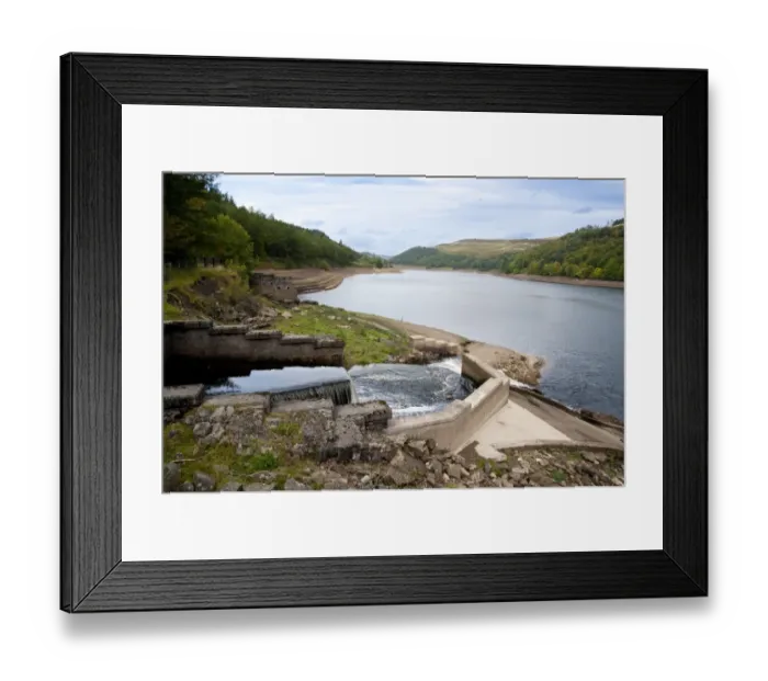 Framed Print : Low water level in reservoir, Derwent Reservoir, River Derwent, Derbyshire, England, september Framed Print : Low water level in reservoir, Derwent Reservoir, River Derwent, Derbyshire, England, september
