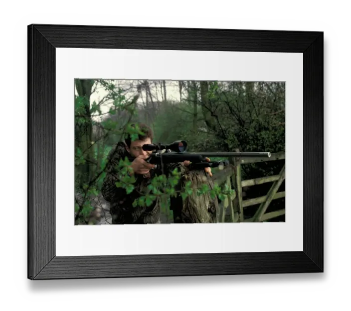 Framed Print : Hunting, man using 222. 50 rifle, for killing vermin, leaning on fencepost at edge of woodland, England Framed Print : Hunting, man using 222. 50 rifle, for killing vermin, leaning on fencepost at edge of woodland, England
