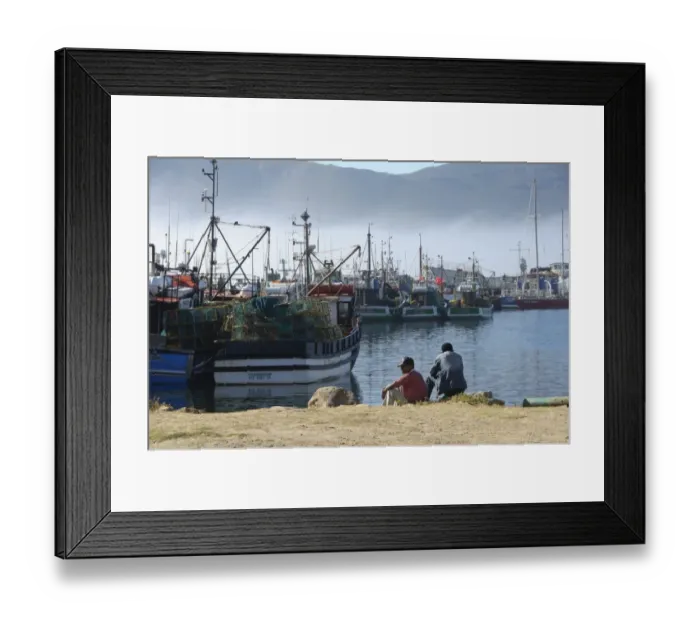 Framed Print : Fishing boats moored at harbour in sea mist, Hout Bay, Cape Town, Western Cape, South Africa