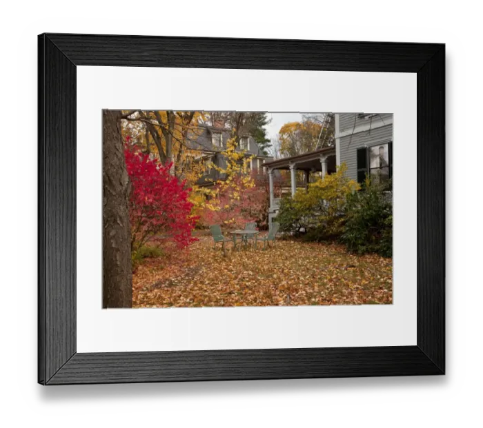 Framed Print : City garden with table and chairs in autumn, Cambridge, Massachusetts, U. S. A. november Framed Print : City garden with table and chairs in autumn, Cambridge, Massachusetts, U. S. A. november