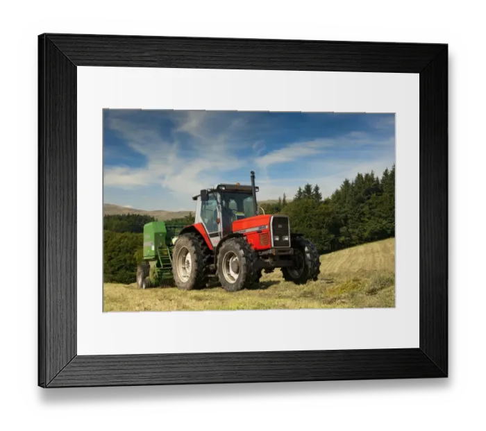 Framed Print : Massey Ferguson tractor with McHale baler, round baling silage in meadow, Yorkshire Dales, Yorkshire, England