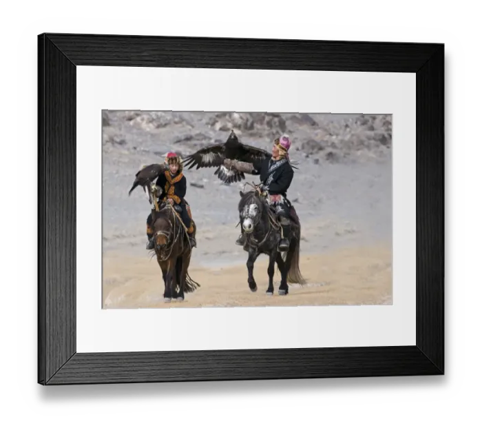 Framed Print : Kazakh hunters on horseback, with hooded Golden Eagles (Aquila chrysaetos), on route to Eagle Hunters Festival Framed Print : Kazakh hunters on horseback, with hooded Golden Eagles (Aquila chrysaetos), on route to Eagle Hunters Festival