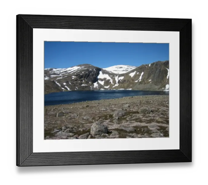 Framed Print : View of freshwater loch and snow covered hills, Loch Etchachan, Central Cairngorms, Cairngorms N. P