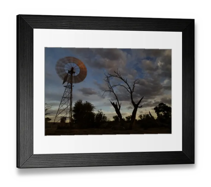 Framed Print : Windpump in desert at sunset, Kalahari Meerkat Project, Kuruman River Reserve, Kalahari Desert, Northern Cape