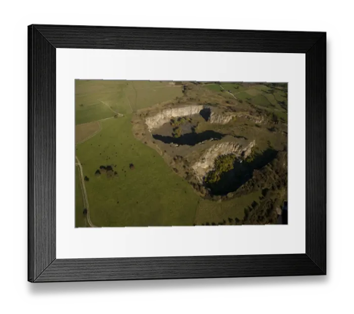 Framed Print : Aerial view of abandoned quarry, White Peak, Peak District, Derbyshire, England, september